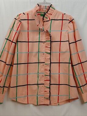 Clare V Ella Blouse Blush Windowpane Women's Size Medium Ruffle